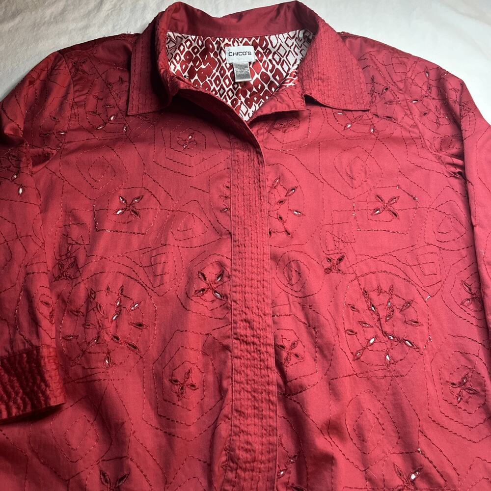 Chico's embroidered eyelet button-down Red Blouse Size 3